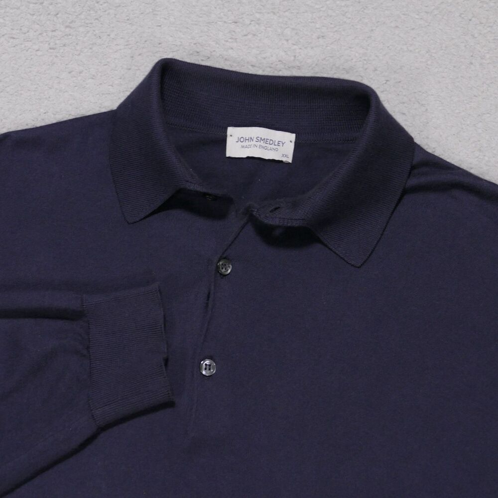 John Smedley Knitted Polo Shirt Long Sleeve Sea Island Cotton Navy Blue Mens 2XL